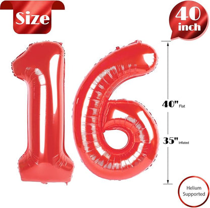 Red 16 Balloon - Number Balloon 40 Inch, 16th Red Birthday Decorations | Large - Image 5