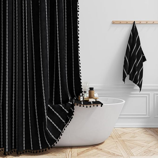54x78 Boho Farmhouse Linen Heavy Duty Shower Curtain Set, 330GSM Linen Blend by ShowerCurtain