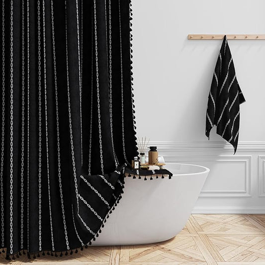 72x96 Extra Long Boho Linen Heavy Duty Shower Curtain Set, 330GSM Linen Blend by ShowerCurtain