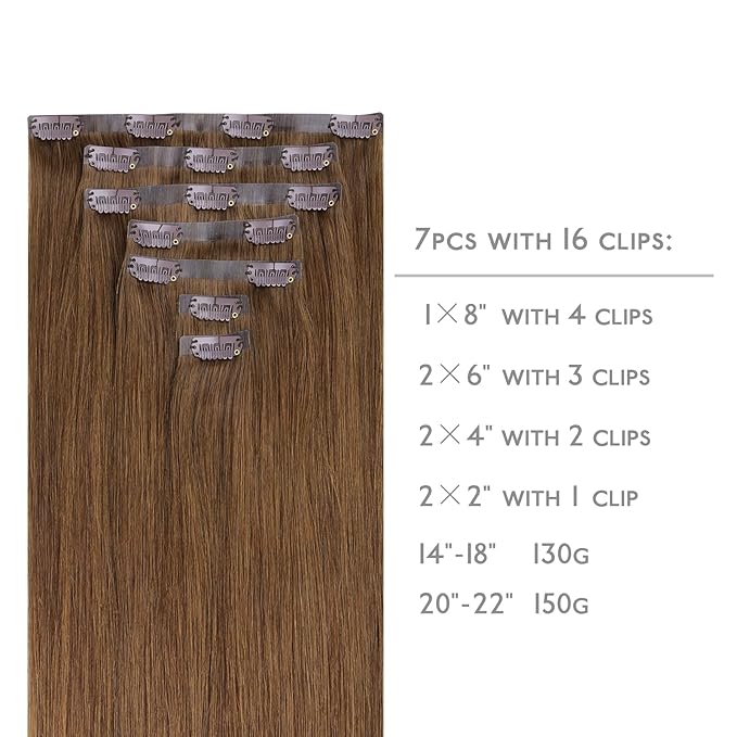 WENNALIFE Seamless Clip In Hair Extensions Human Hair, 16 Inch 130g 7pcs Light Auburn Brown Real Hair Extensions Clip in Human Hair Invisible PU Skin Weft Natural Remy Human Hair Extensions