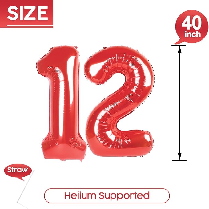 12 Balloon - Red Birthday Number Balloons, 40 Inch Decorations Men Women | Red - Image 5