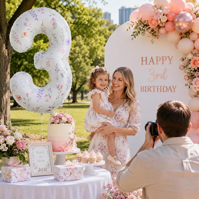 3rd Birthday Decorations for Girls, 40 Inch White Floral Number 3 Balloons | - Image 4
