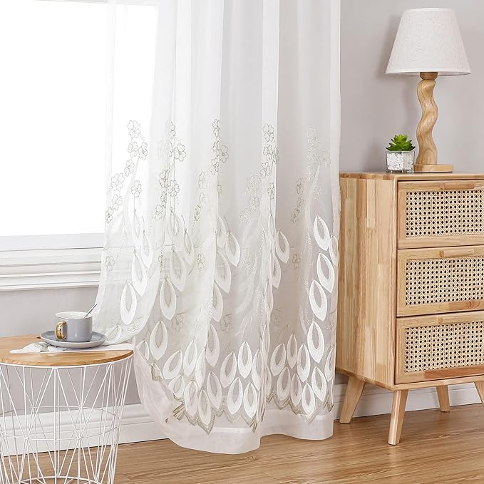 White Sheer Voile Curtains White Embossed Drip 54Wx96L Inch | Light Filtering by VISIONTEX