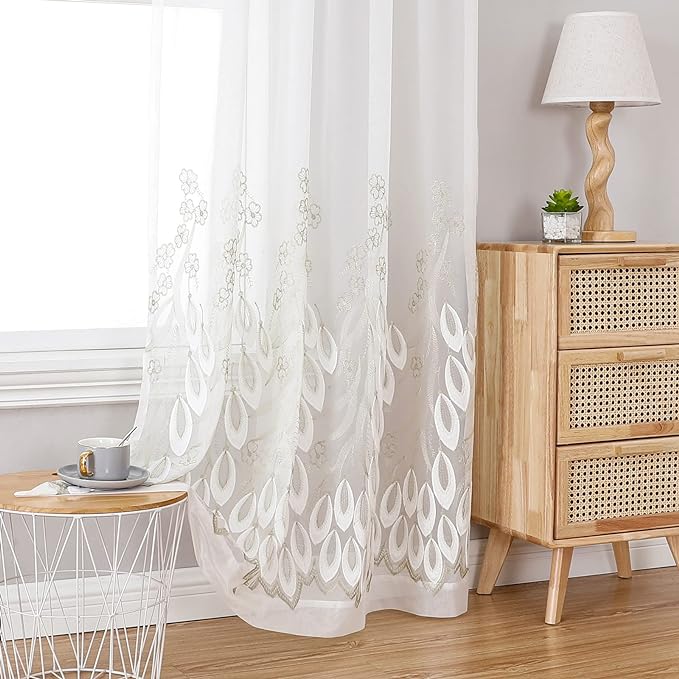 White Sheer Voile Curtains White Embossed Drip 54Wx84L Inch | Light Filtering by VISIONTEX