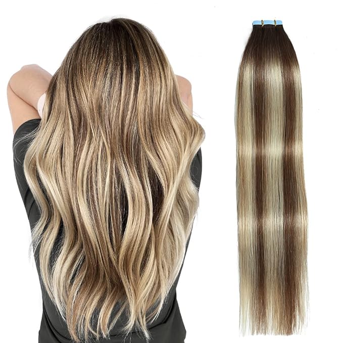SUYYA Tape in Hair Extensions Human Hair Balayage Chocolate Brown to Bleach Blonde and Chestnut Brown 40g/pack 20pcs Straight Seamless Skin Weft Tape in Human Hair Extensions(12inch #P6/613/T4)