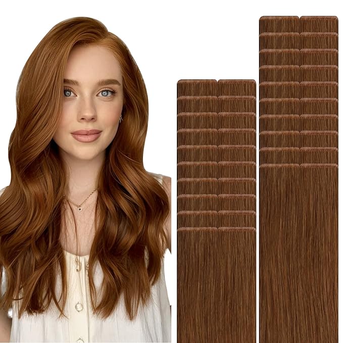 VINBAO 60g Invisible Tape in Hair Extensions Copper Seamless Invisi Edge Tape in Hair Extensions Auburn Ginger 22in 20pcs Injected Tape 22inch #33