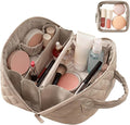 Cosmetic Bag for Travel, Large Capacity Pouch Purse Organizer, Waterproof Puffy Padded Make Up Toiletry Bag for Women (Khaki)
