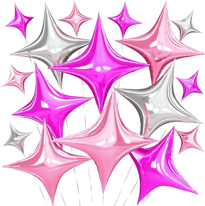 Pink Silver Star Balloons, 26 Inch and 10 Inch Pink Stars Shaped Balloon by BIAPIAN