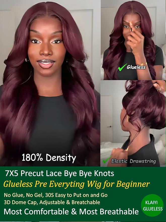 KLAIYI Black Cherry Loose Body Wave Bye Bye Knots Glueless Wig 7x5Precut Lace Front Wigs Human Hair Drawstring Pre Plucked Bleached 30S Ready to Wear and Go Wig with Face Framing Bangs Burgundy 24Inch