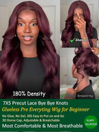 KLAIYI Black Cherry Loose Body Wave Bye Bye Knots Glueless Wig 7x5Precut Lace Front Wigs Human Hair Drawstring Pre Plucked Bleached 30S Ready to Wear and Go Wig with Face Framing Bangs Burgundy 24Inch