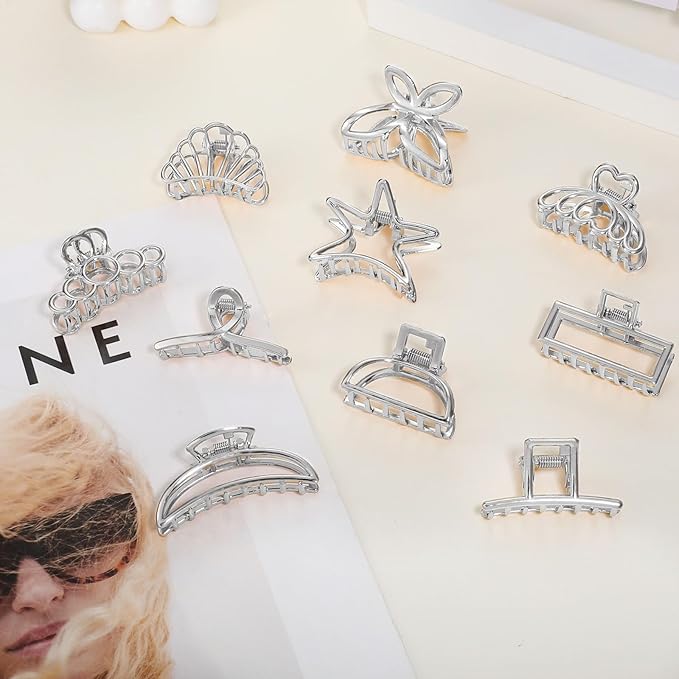 CWJCYTNSN Small Silver Hair Clips, 10Pcs Metal Butterfly Starfish Hair Claw Clips for Women Thick Thin Hair, Non-Slip Hair Clips for Women and Girls, Strong Hold Hair Accessories