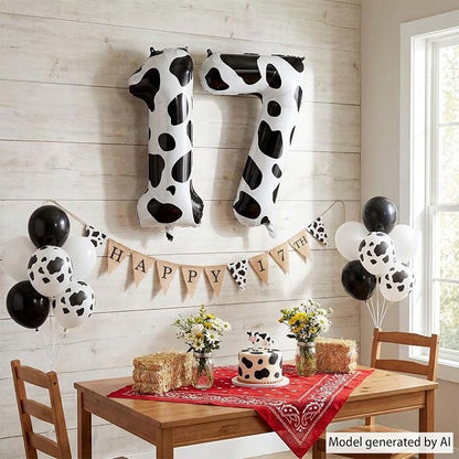 40 Inch Cow Print Number 17 Balloon Set, Giant Black & White Foil Mylar Number - Image 3