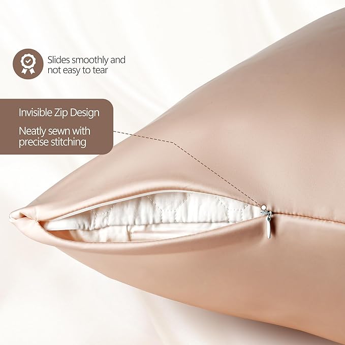 Set of 2 100% Silk Pillow Cases Queen - 6A Luxury Mulberry Silk Pillowcase for Hair and Skin - Anti-Wrinkle, Cooling & Smooth, Hidden Zipper - Pillowcases for Sleeping Women Girl, Boy, Beige
