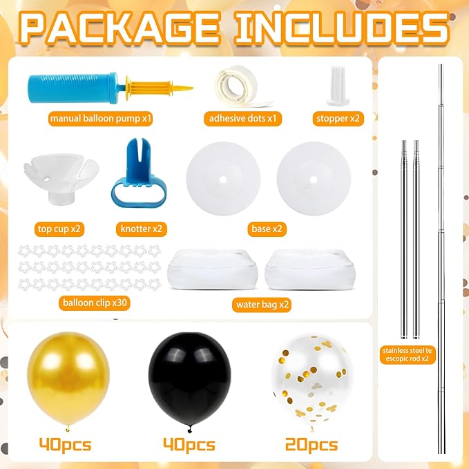 2 Pack Balloon Column Stand Kit 6.5FT, Include 100 Black and Gold Balloons | - Image 6
