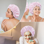 Aquior Shower Caps, Reusable Shower Cap for Women, Double Layer Waterproof Bonnet Hair Cap, Large Size for All Hair Lengths,for Girls Spa Home Salon Use (Pink Cloud)
