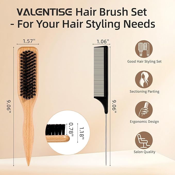 Boar Bristle Slick Back Hair Brush, Teasing Hair Brush with Black Carbon Fiber and Stainless Steel Tail Comb, Slick Hair Brush Set for Parting and Sectioning, Suitable for All Styling