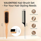 Boar Bristle Slick Back Hair Brush, Teasing Hair Brush with Black Carbon Fiber and Stainless Steel Tail Comb, Slick Hair Brush Set for Parting and Sectioning, Suitable for All Styling