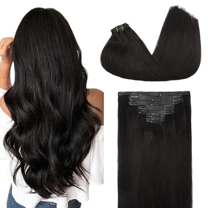 GOO GOO Clip in Hair Extensions Real Human Hair, Remy Human Hair Extensions Clip ins for Women, Natural Human Hair, 22 Inch 140g 7Pcs, 1B Natural black
