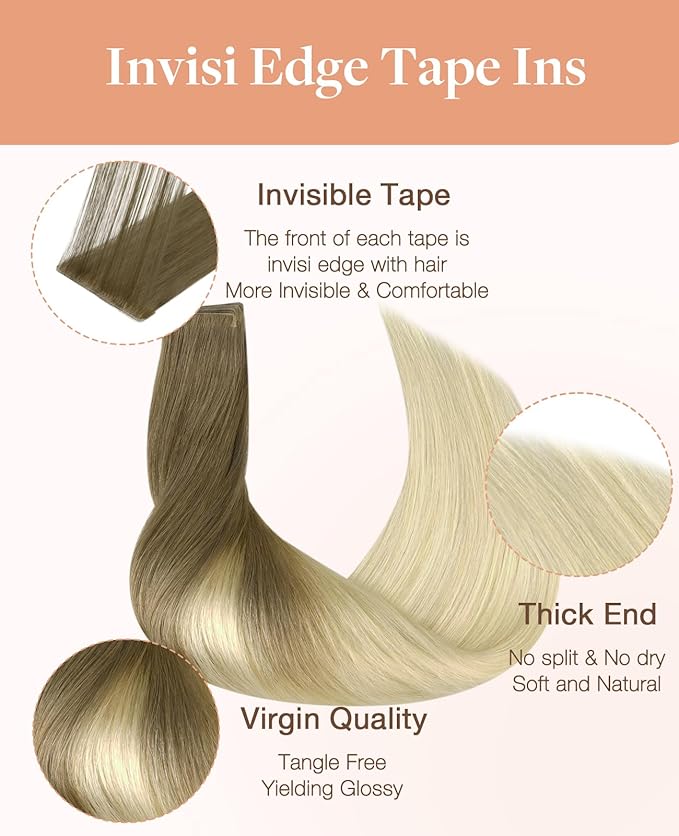 GOO GOO Invisi Edge Tape in Hair Extensions Human Hair, 9/60 Balayage Ash Brown to Platinum Blonde 10pcs injected with 10pcs classical tape ins, 22inch 50g, Virgin Remy Hair, Natural Look