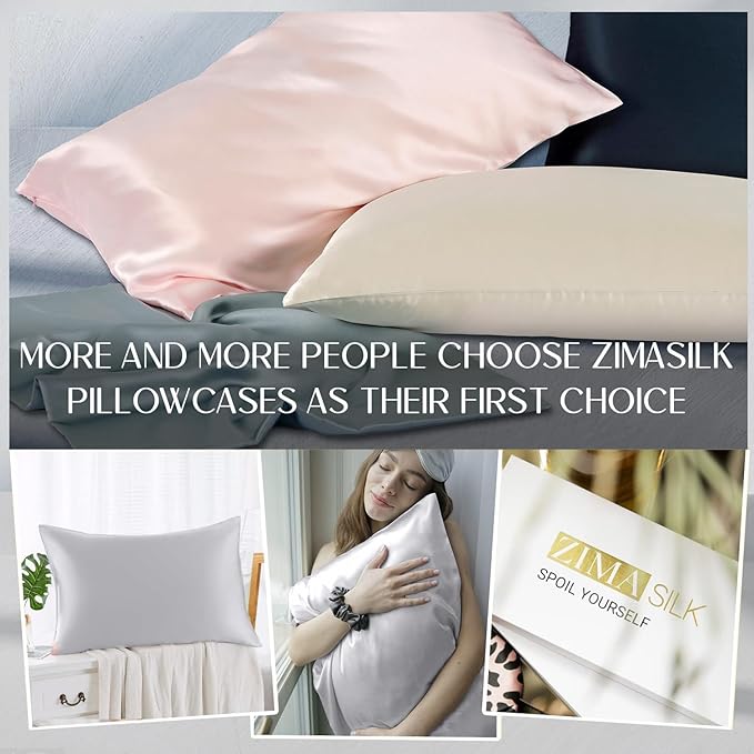 ZIMASILK 100% Pure Mulberry Silk Pillowcase for Hair and Skin Health,Soft and Smooth,Both Sides Premium Grade 6A Silk,600 Thread Count,with Hidden Zipper,1pc (King 20''x36'',Light Grey)