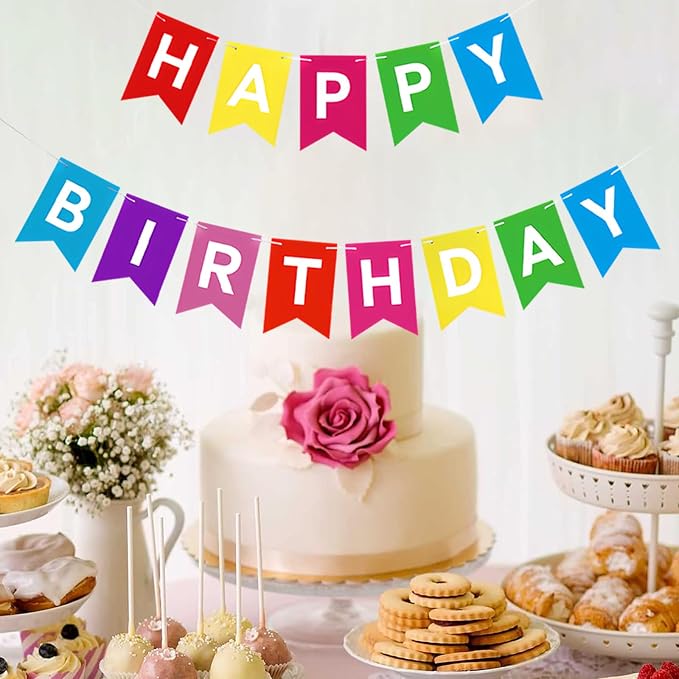 Rainbow Happy Birthday Banner Colorful Birthday Flag Bunting - Image 2