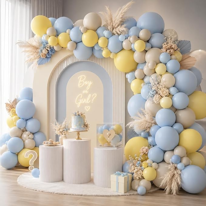 Pastel Blue Yellow Balloon Garland Arch - Image 3