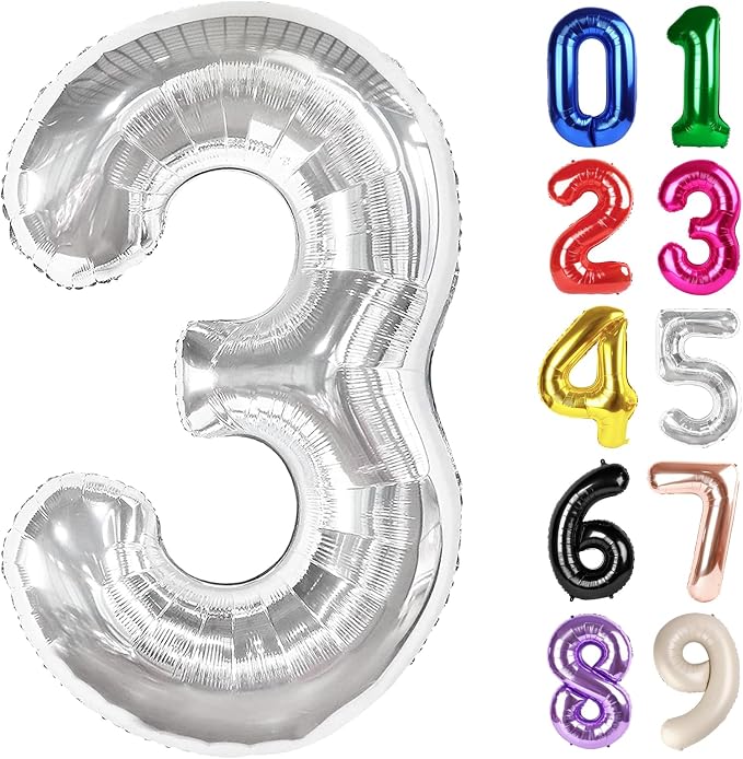 3 Balloon - Silver Birthday Number Balloons, 40 Inch Decorations Men Women | by ALPHADELTAPI