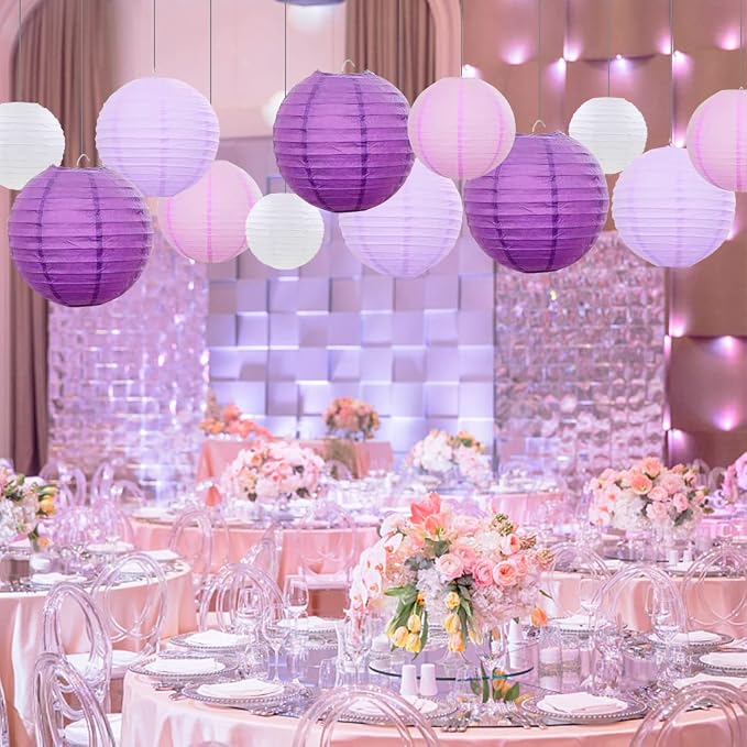 Purple Paper Lanterns 12 Pcs Assorted Size of 6" 8" 10" 12" Chinese Round Paper - Image 3