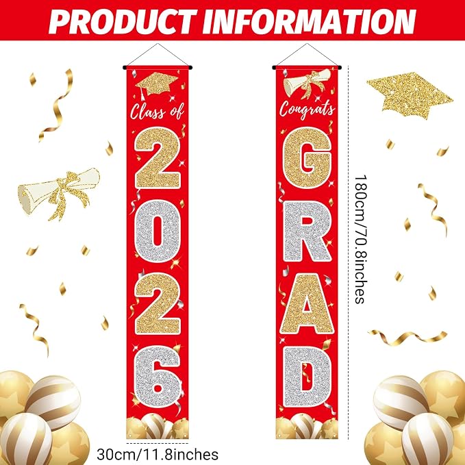 Graduation Decorations 2026, Class of 2026 Banner Congrats Grad | Red Porch Sign - Image 2