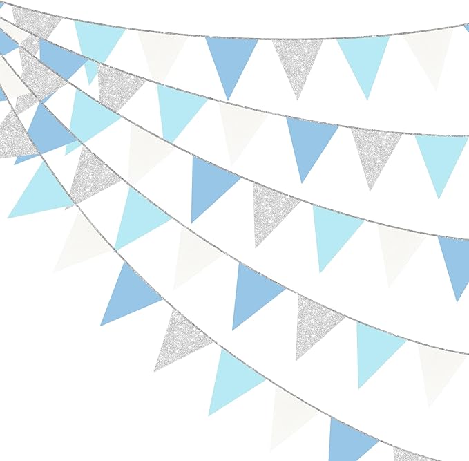 Dusty Blue Silver White Party Decorations Pennant Banner Flag Hanging Glitter by pinkblume