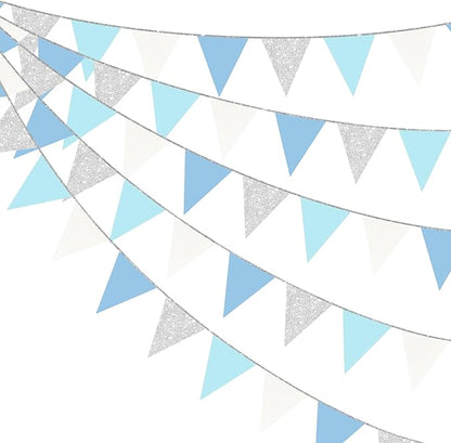 Dusty Blue Silver White Party Decorations Pennant Banner Flag Hanging Glitter by pinkblume