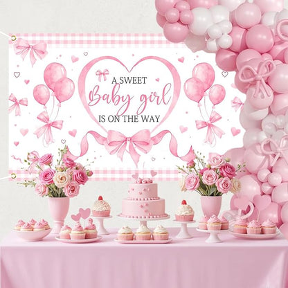 Mocsicka Pink Bow Baby Shower Banner Backdrop - Image 2