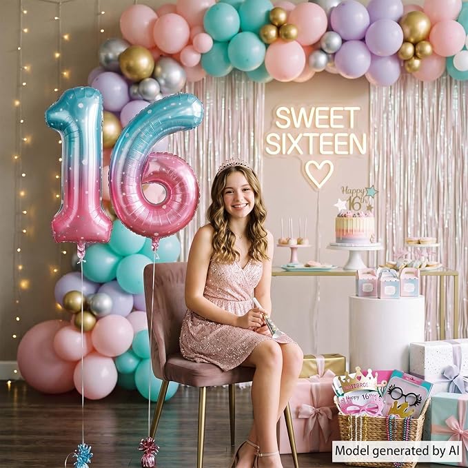 40 Inch Blue Pink Number 16 Balloon, Sweet 16 Ombre Foil Birthday Decor | 40in - Image 2