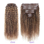 Curly Clip In Hair Extensions Real Human Hair Clip Ins Balayage Chocolate Brown to Caramel Blonde Human Hair Extensions 8Pcs with18clips 120g/Set (18 inch，#4/27/4)