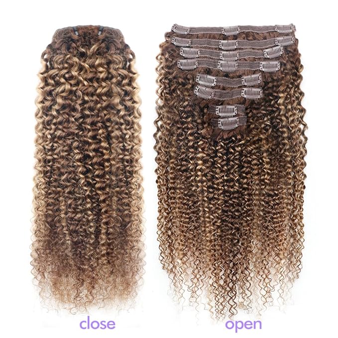 Curly Clip In Hair Extensions Real Human Hair Clip Ins Balayage Chocolate Brown to Caramel Blonde Human Hair Extensions 8Pcs with18clips 120g/Set (26 inch，#4/27/4)