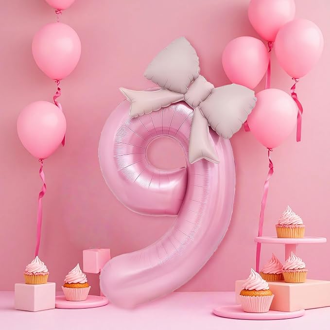 Bow Pink 9 Balloons, 40 Inch Giant Pink Bow Helium Foil Number 9 - Image 3