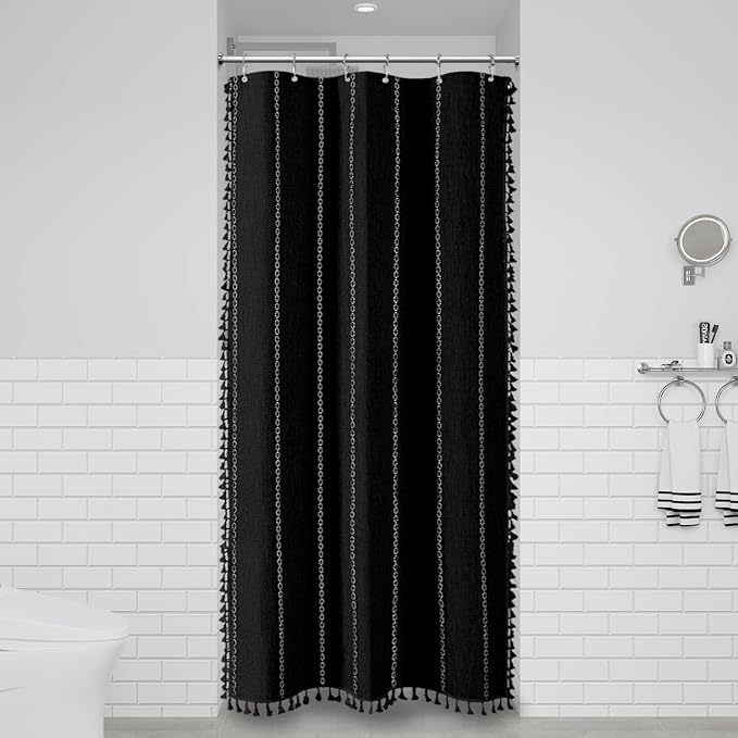 Small Boho Linen Heavy Duty Cloth Shower Curtain, 330GSM Linen Blend, Water - Image 6