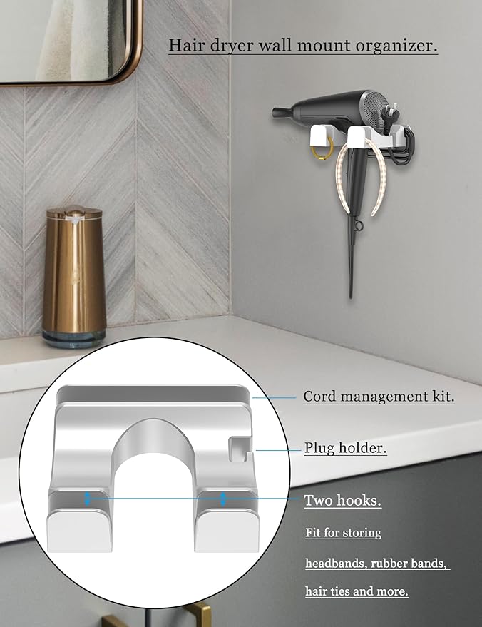 Universal Hair Dryer Holder Wall Mounted, Blow Dryer Holder Cabinet Door, Hairdryer Holder for Bathroom, Hair Dryer Storage Rack Fixed by Screw or Adhesive (White)