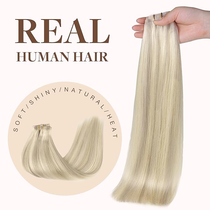 GOO GOO Clip in Hair Extensions Real Human Hair, Remy Human Hair Extensions Clip ins for Women, Natural Human Hair, 20inch 150g 7Pcs, 17A/60A Ash Blonde Highlighted Platinum Blonde