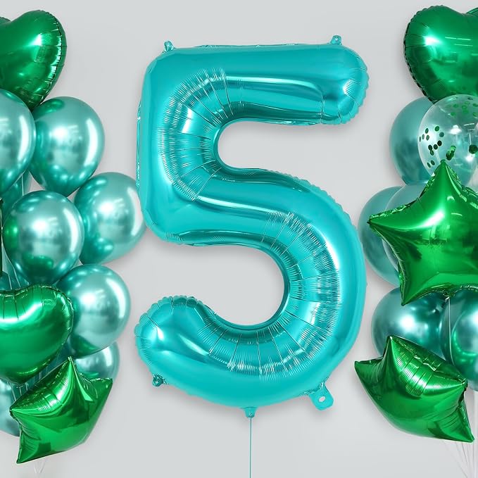 Teal Blue Number 5 Balloon, 40 Inch Big Large Foil Helium Number Balloons - Image 2