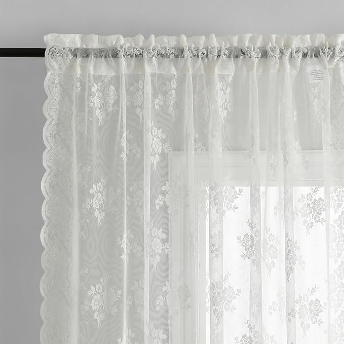 Kotile Ivory Lace Kitchen Curtains Rustic Floral W42 x L36 Inch, 2 Panels | Rod - Image 4