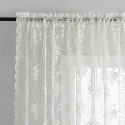 Kotile Ivory Lace Kitchen Curtains Rustic Floral W42 x L36 Inch, 2 Panels | Rod - Image 4