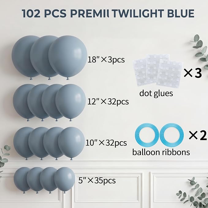 102pcs Different Sizes Dusty Blue Balloon Arch Kit, 18/12/10/5Inch Balloons | - Image 2