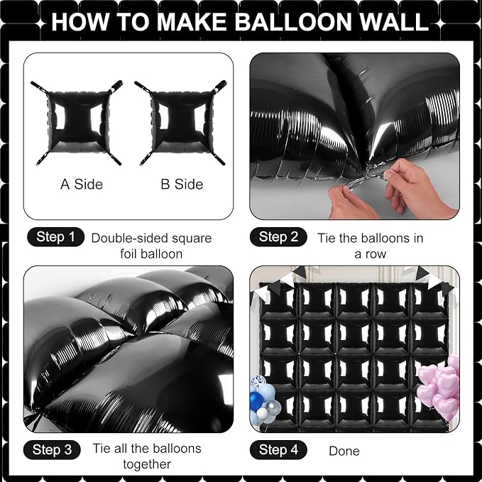 Black Square Foil Balloons 25 Pcs Metallic Black Balloons Wall Backdrop - Image 3