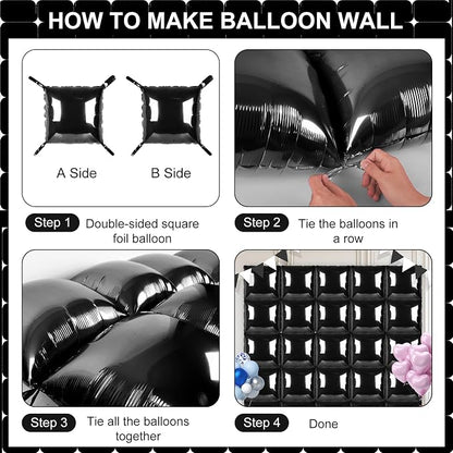 Black Square Foil Balloons 25 Pcs Metallic Black Balloons Wall Backdrop - Image 3