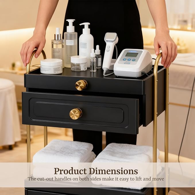 Salon Trolley Cart with Lockable Wheels, Salon Station Cabinet with Drawer & Cabinet for Hair Stylist Makeup Tool Organizer for Beauty Spa Barbershop (Black&Gold)
