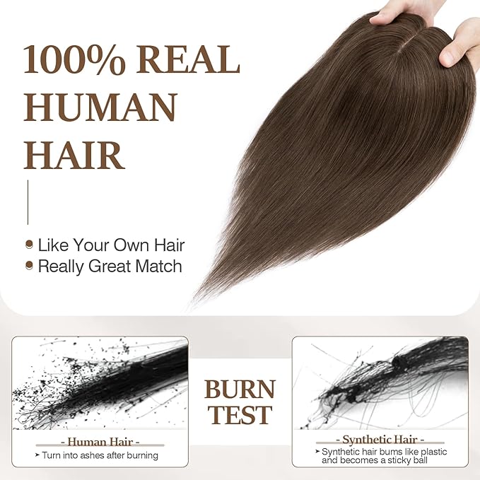 Rich Choices Hair Toppers for Women Real Human Hair 100% Human Remy Toppers NO Bangs for Women with Thinning on Top Clip in Hairpiece 4"x4.7"Lace Base 8 Inch #2R Chocolate Brown