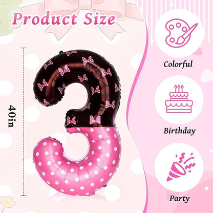 40 Inch Pink Cartoon Mouse Number 3 Balloon, Birthday Party Decorations | Black - Image 3