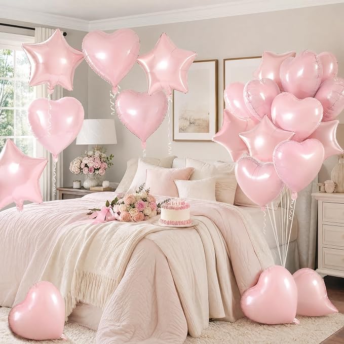TONIFUL 18 Inch Lingt Pink Star and Heart Foil Balloons - Image 6
