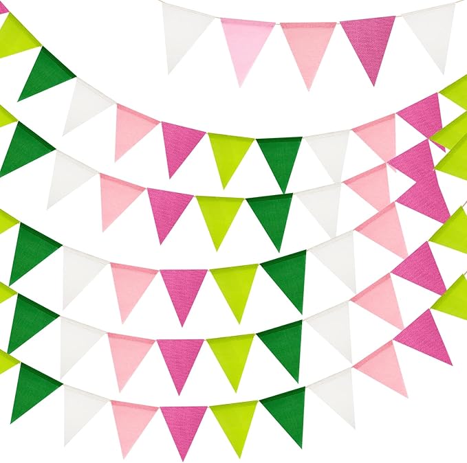G2PLUS Pre-Strung Burlap Pennant Banner, 65Ft Pink Green and White Triangle by G2PLUS